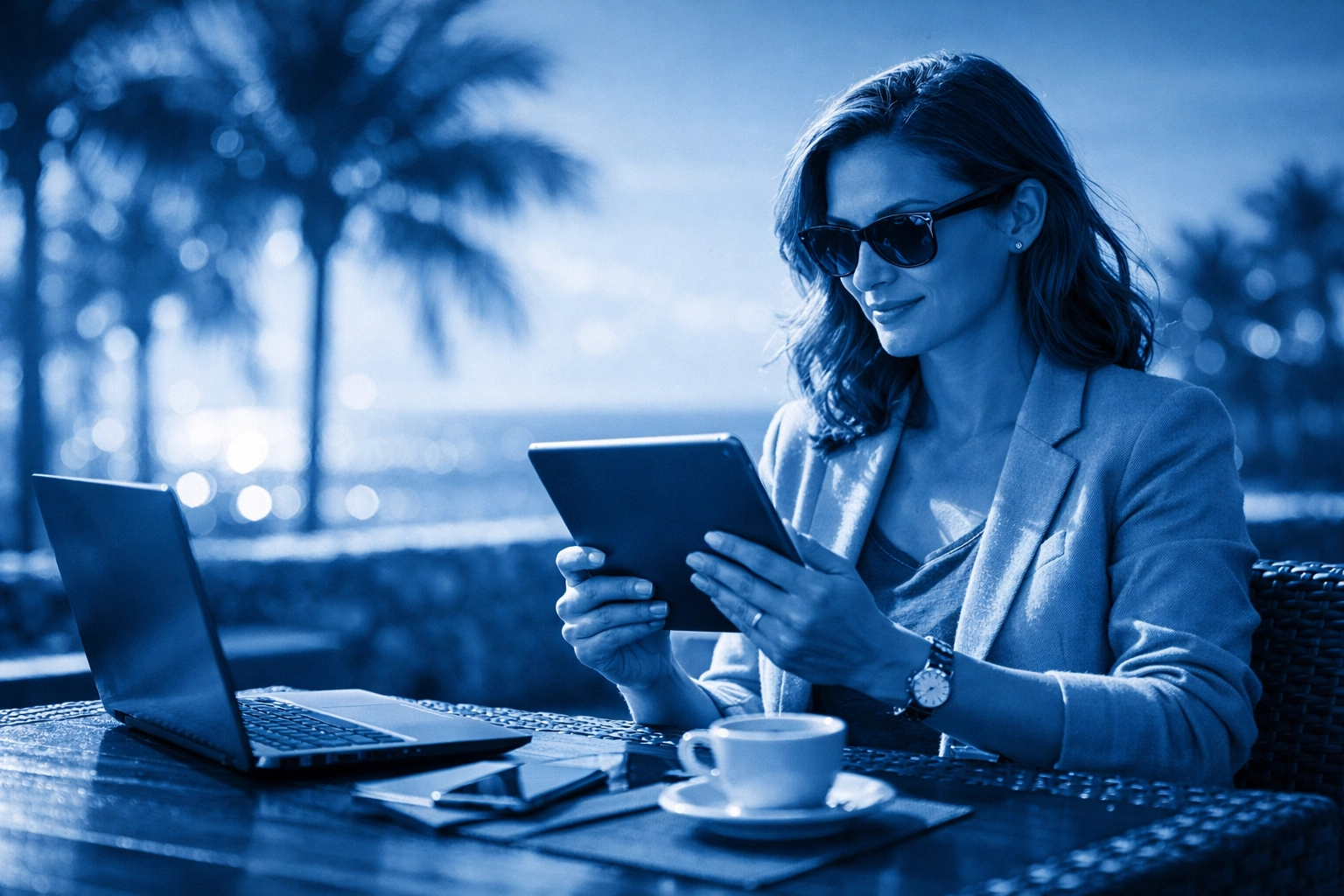 A professional working remotely on a tablet at a coastal cafe using Google Workspace mobile communication tools.