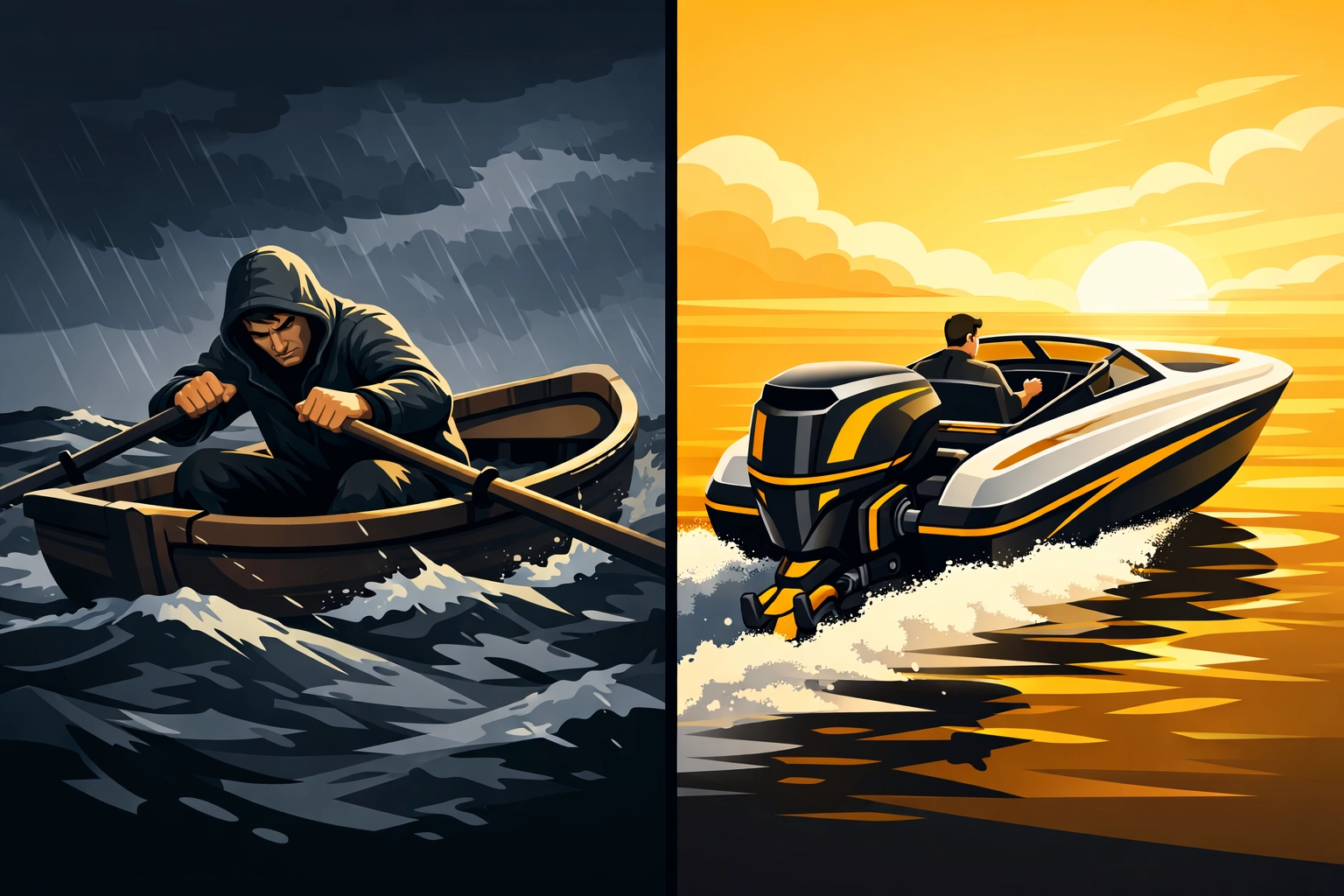 Manual hustle vs automated systems: rowing boat compared to powerful engine for business growth