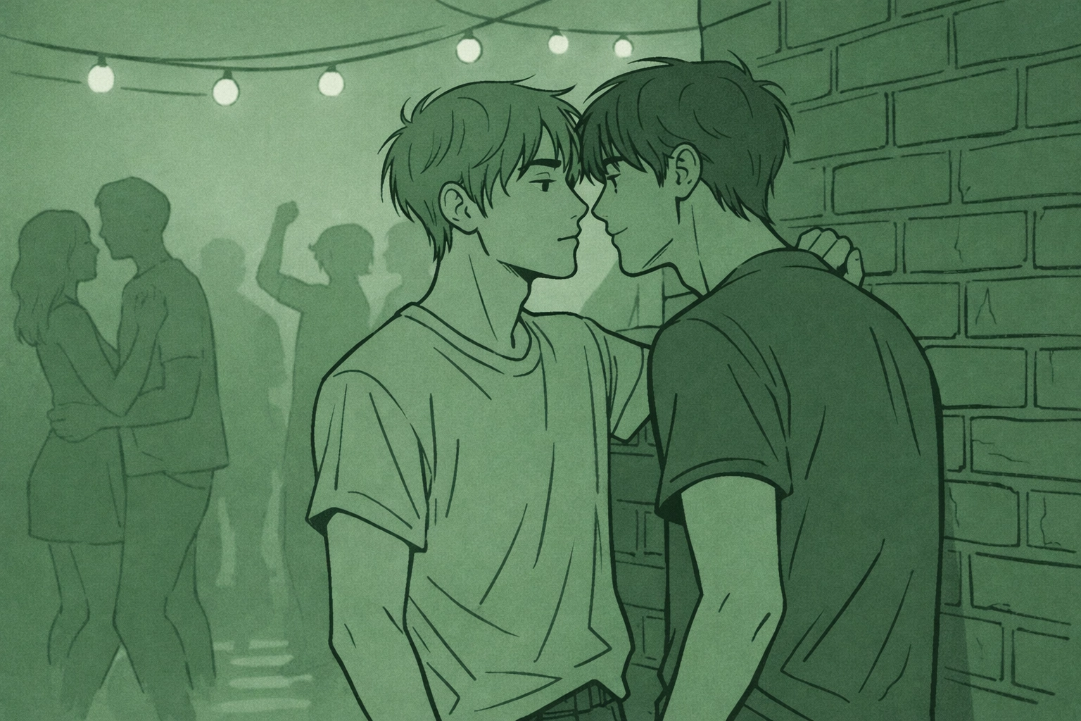 Two men sharing intimate moment at basement party - MM campus romance