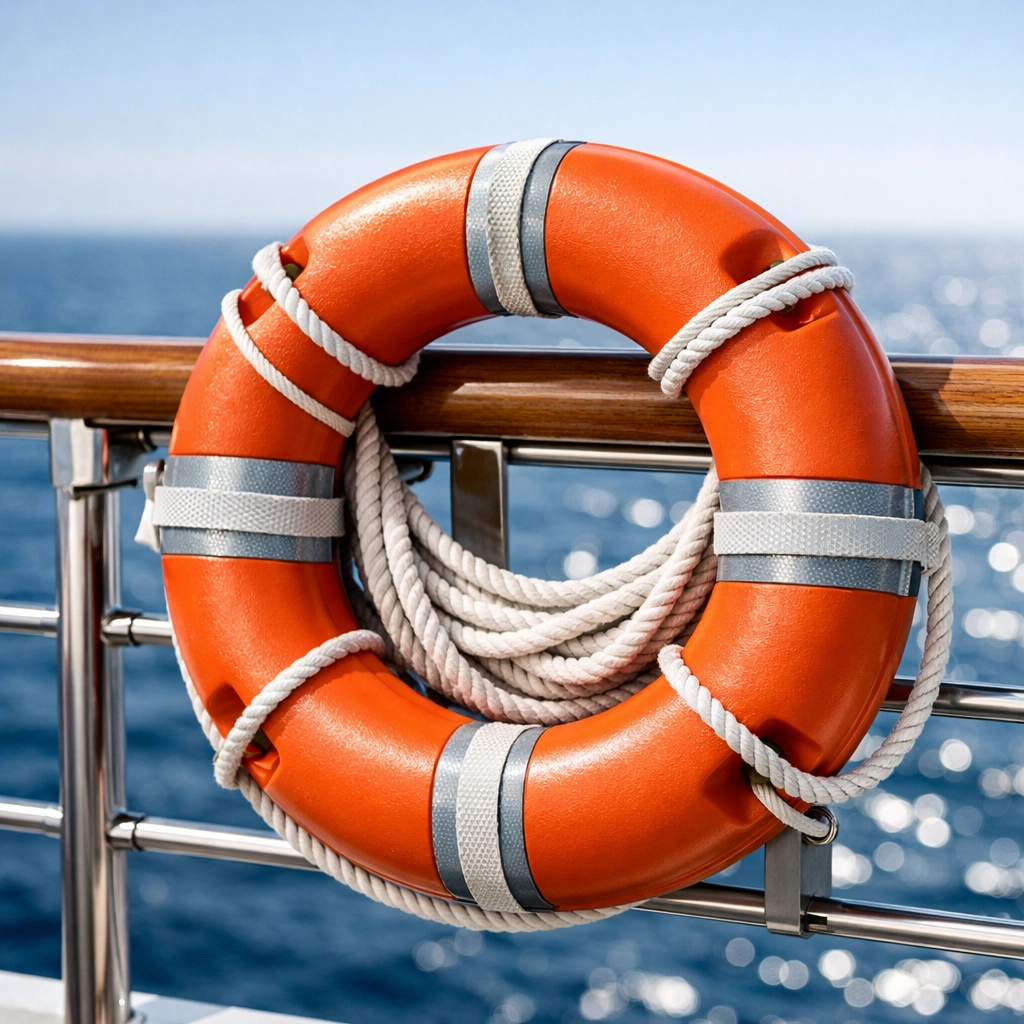 Close-up of an orange safety life ring buoy on a cruise ship railing overlooking the Caribbean ocean.