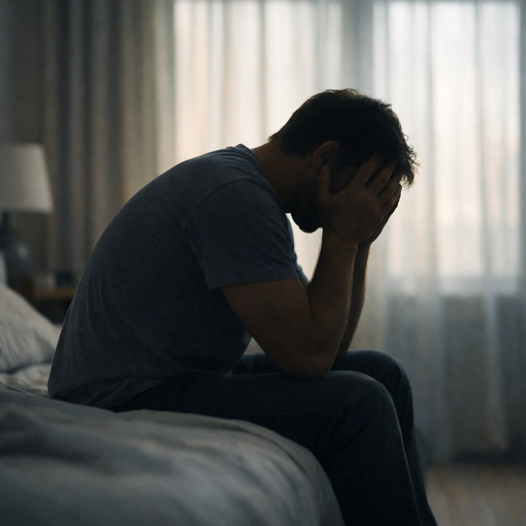 Gondterhelt férfi az ágyon - teljesítményszorongás és merevedési zavar