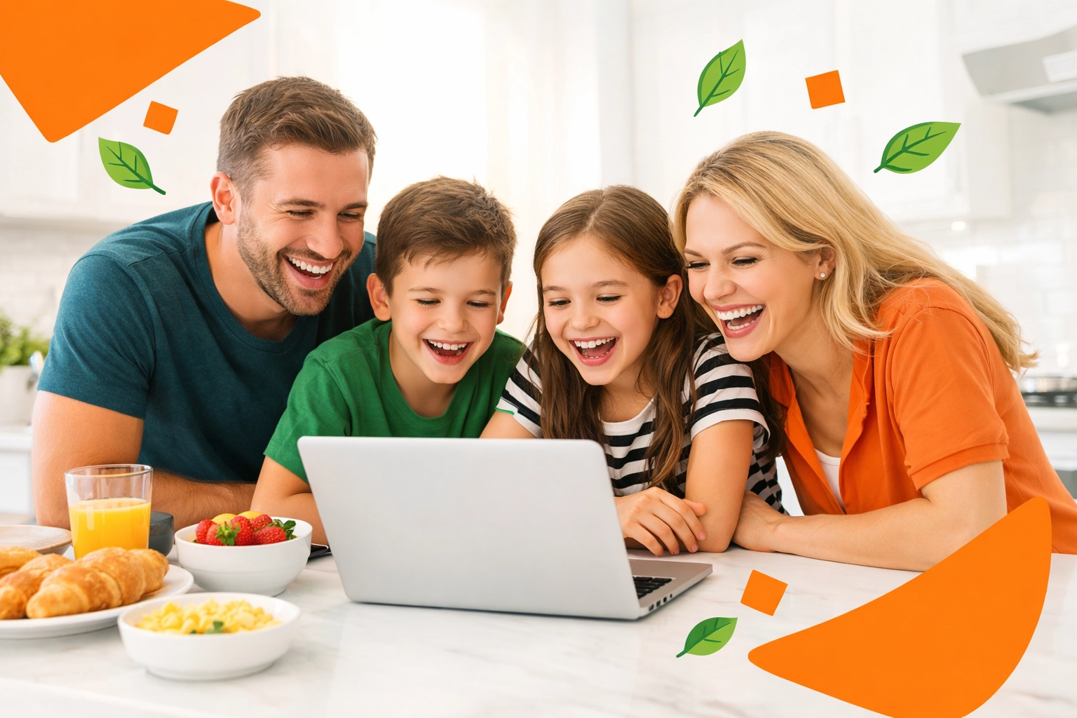 A happy family using the online life skills platform for kids together in their kitchen.