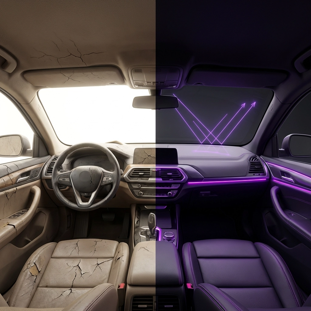 Side-by-side comparison of car dashboards with and without windshield protective film showing UV damage and interior protection.