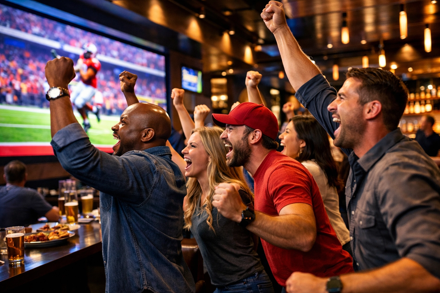 Sports fans cheering in a lounge while viewing a large digital DOOH display screen.