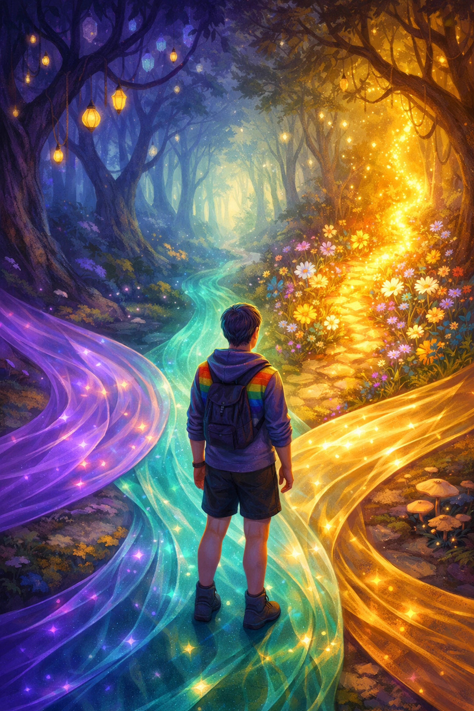 A person at a crossroads choosing a vibrant path, symbolizing queer phenomenology and finding one's identity.
