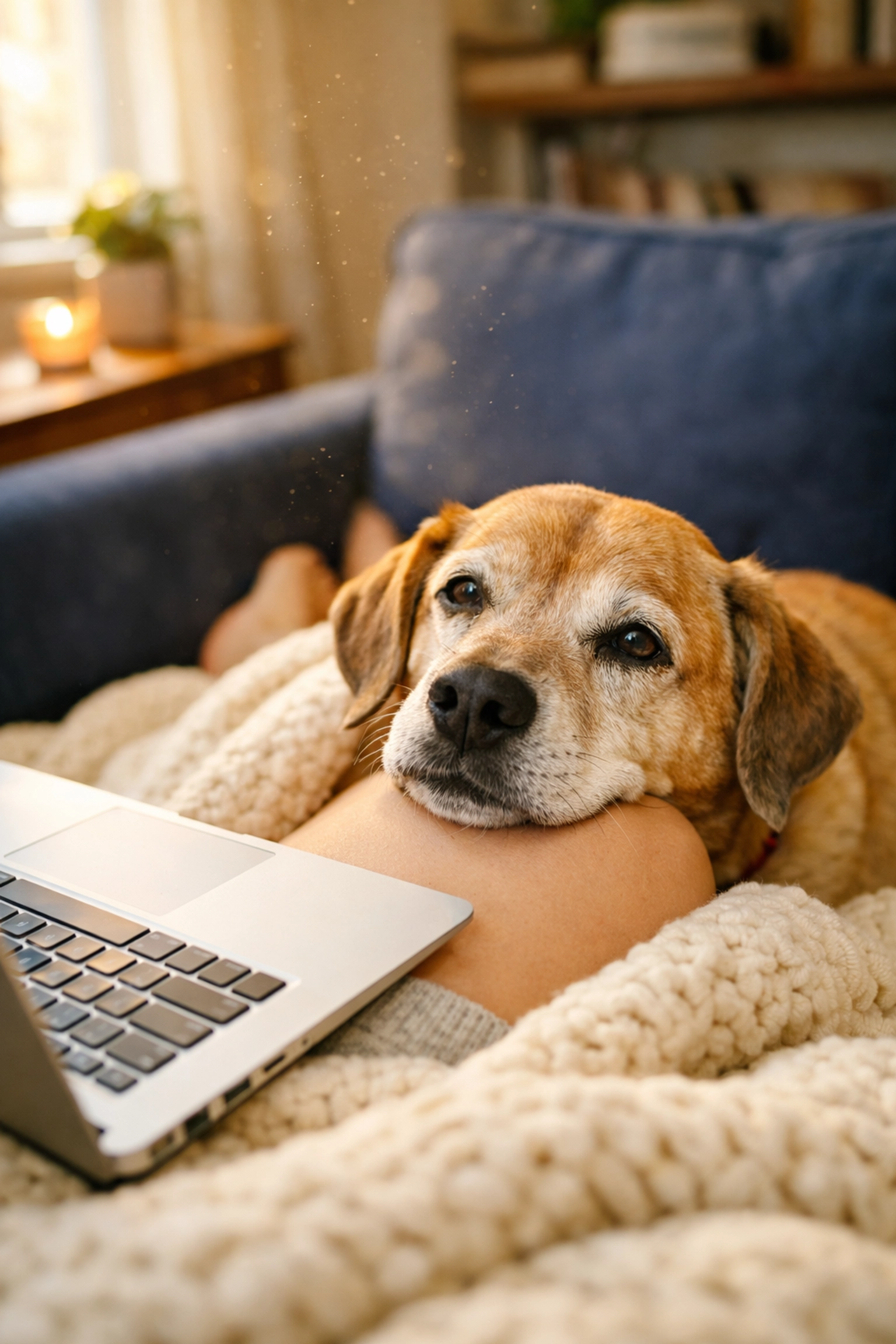 Person using a laptop to volunteer at animal shelter from home while cuddling a senior rescue dog on a sofa.