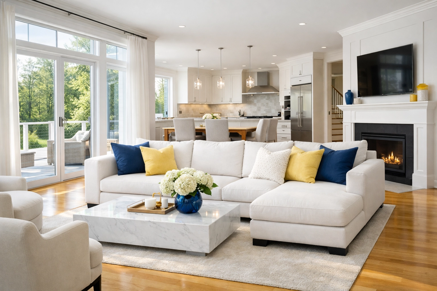 Spotless open-concept living room in a Hopkinton home after professional house cleaning.