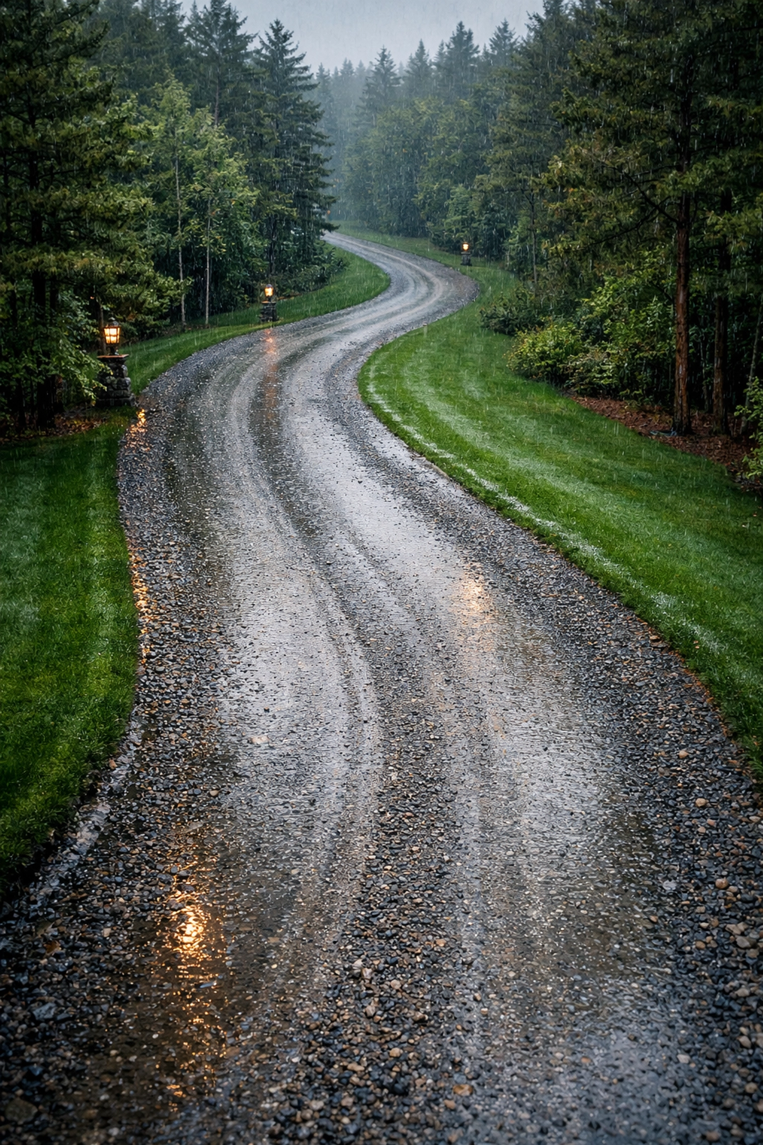 Properly crowned gravel driveway on a Michigan estate directing rainwater to the grass for optimal drainage.