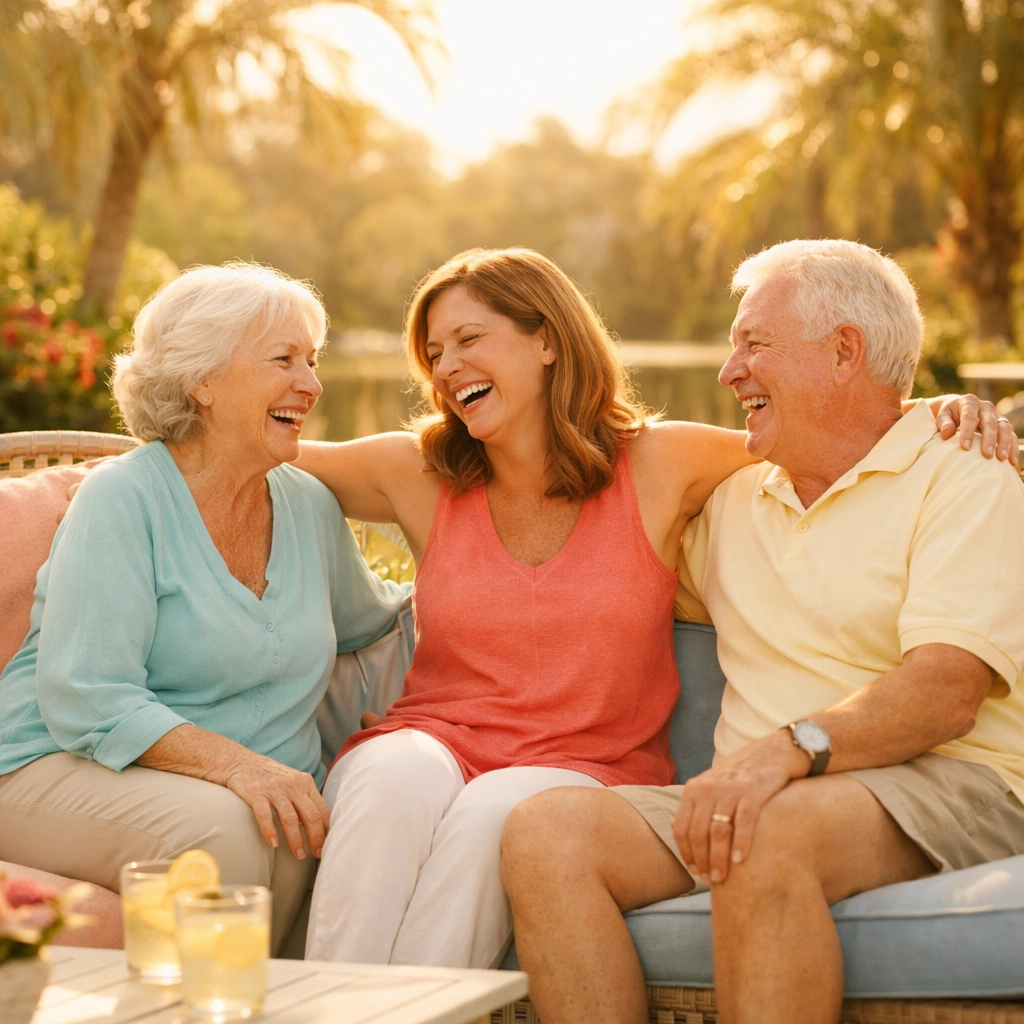 A happy family enjoying a sunny patio at a top-rated Lakewood Ranch assisted living community.