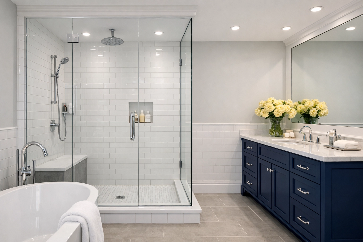 Sparkling clean master bathroom in Acton with a blue vanity and smudge-free glass shower doors.