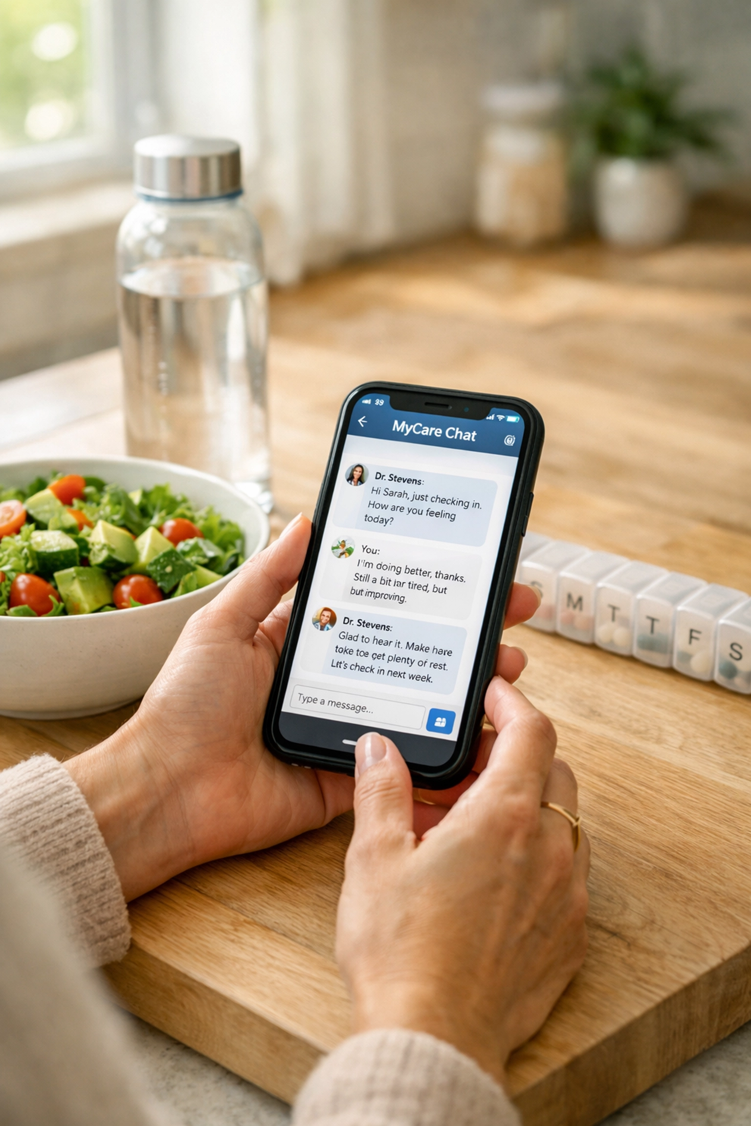 Patient using smartphone for online weight loss telehealth consultation at home with healthy meal
