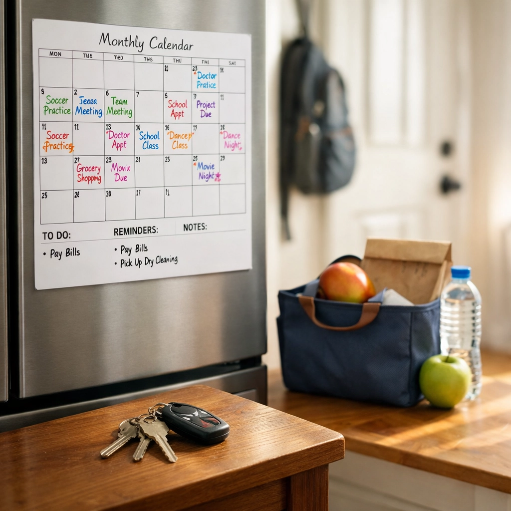 Family home calendar and schedule showing organized bird's nest parenting routine in Virginia