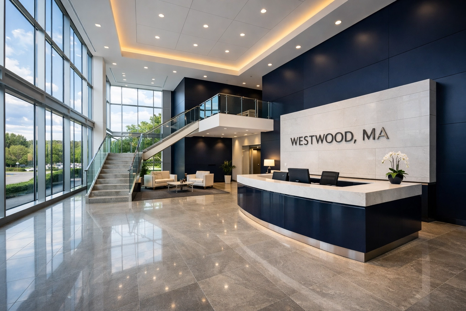 Pristine modern corporate lobby in Westwood, MA, showing the results of professional commercial cleaning.