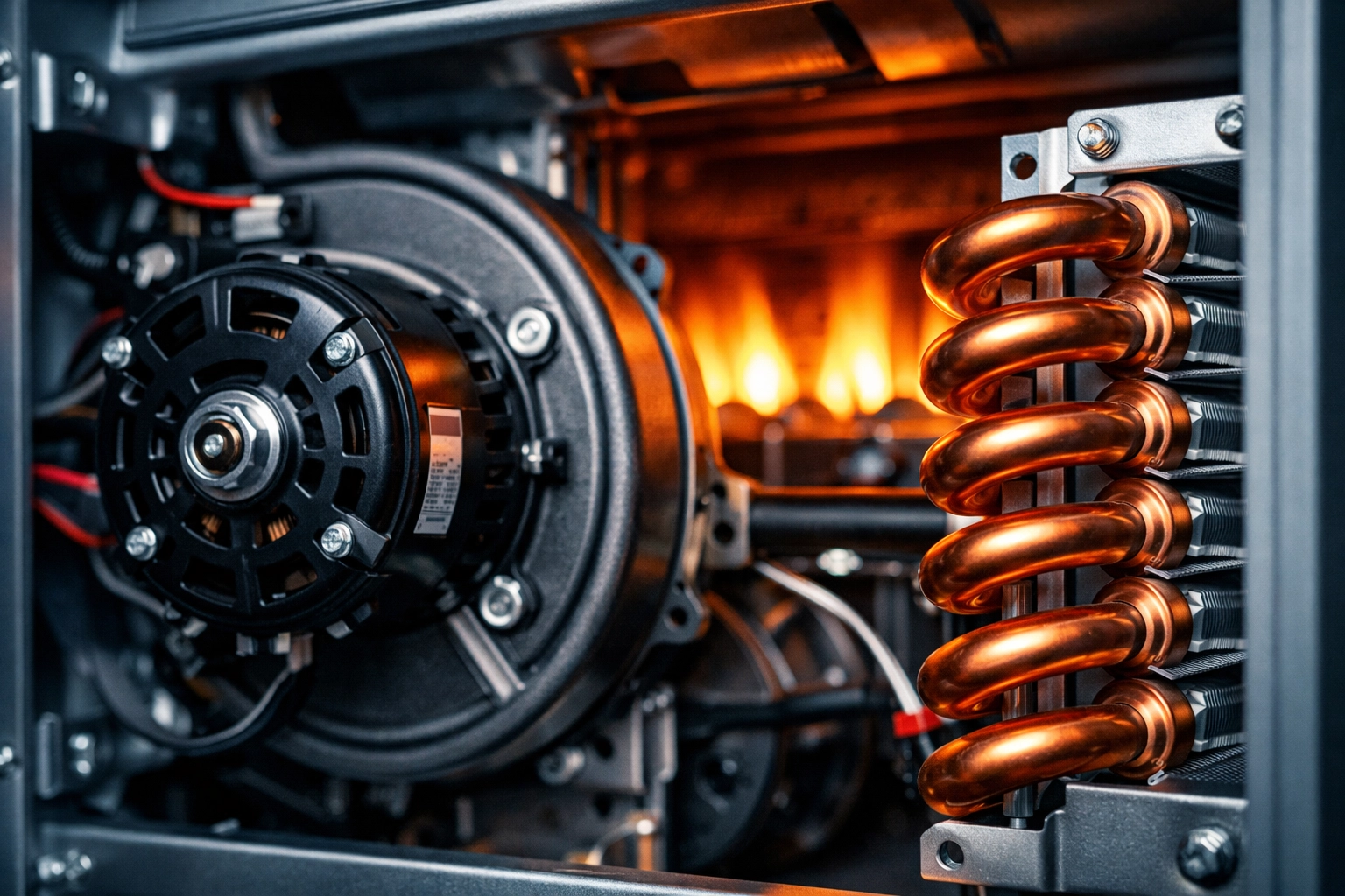 Detailed view of a high-efficiency furnace blower motor and heat exchanger during a heating tune-up.