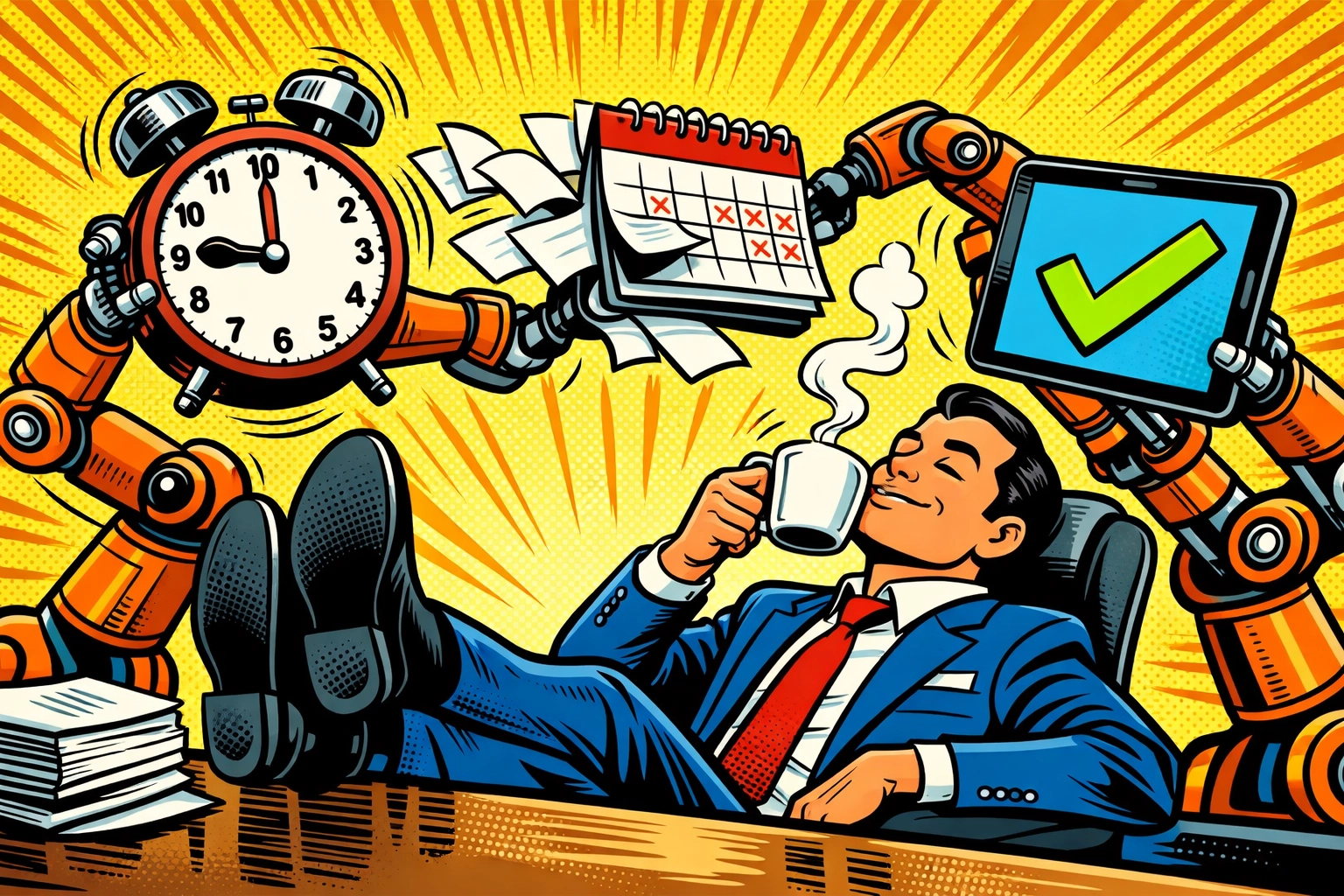 Business owner relaxing while robotic arms use business automation tools to handle admin tasks.