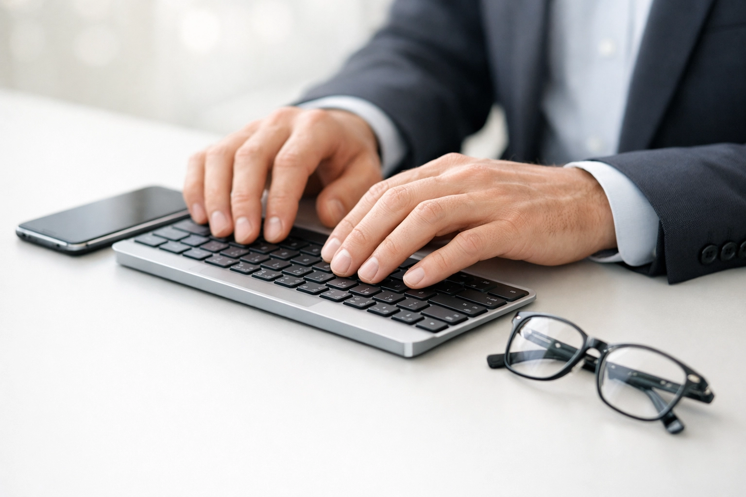 Close-up of hands typing on a keyboard, illustrating efficient electronic tax filing and IRS compliance.