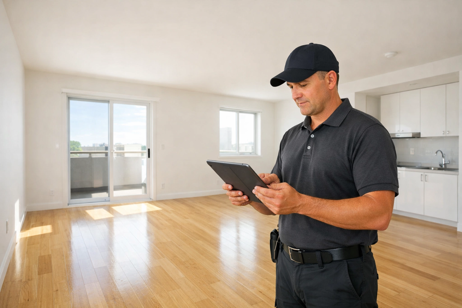 Professional conducting an apartment make-ready inspection in a clean, empty rental unit.