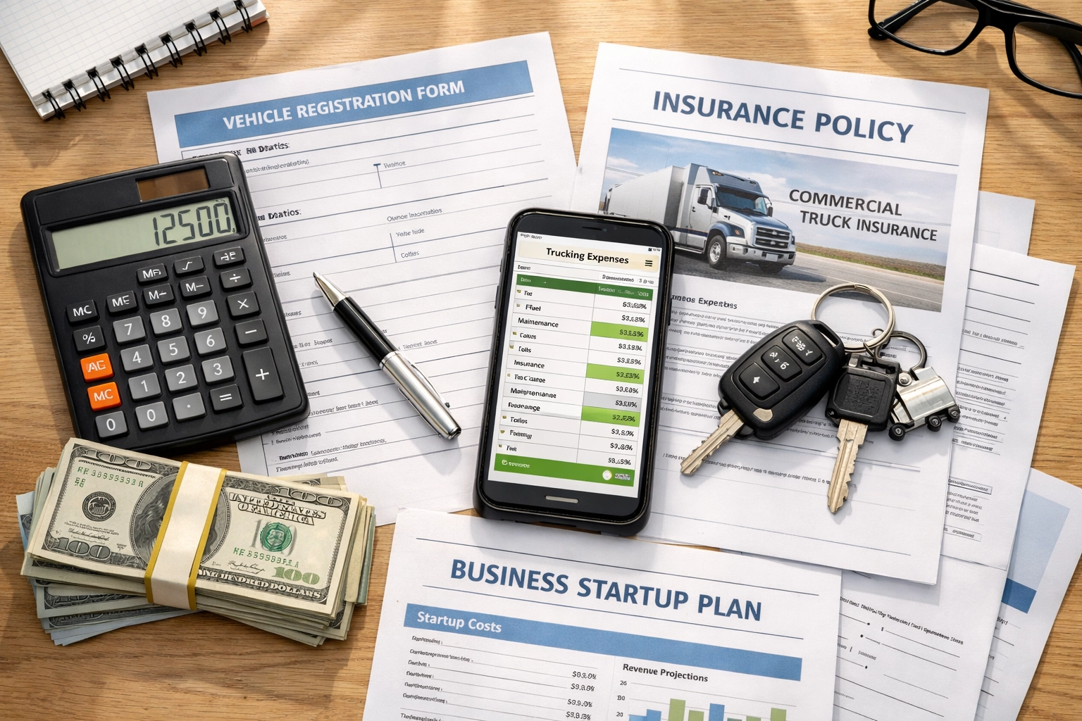 Financial planning desk for trucking company startup costs and monthly operating budget