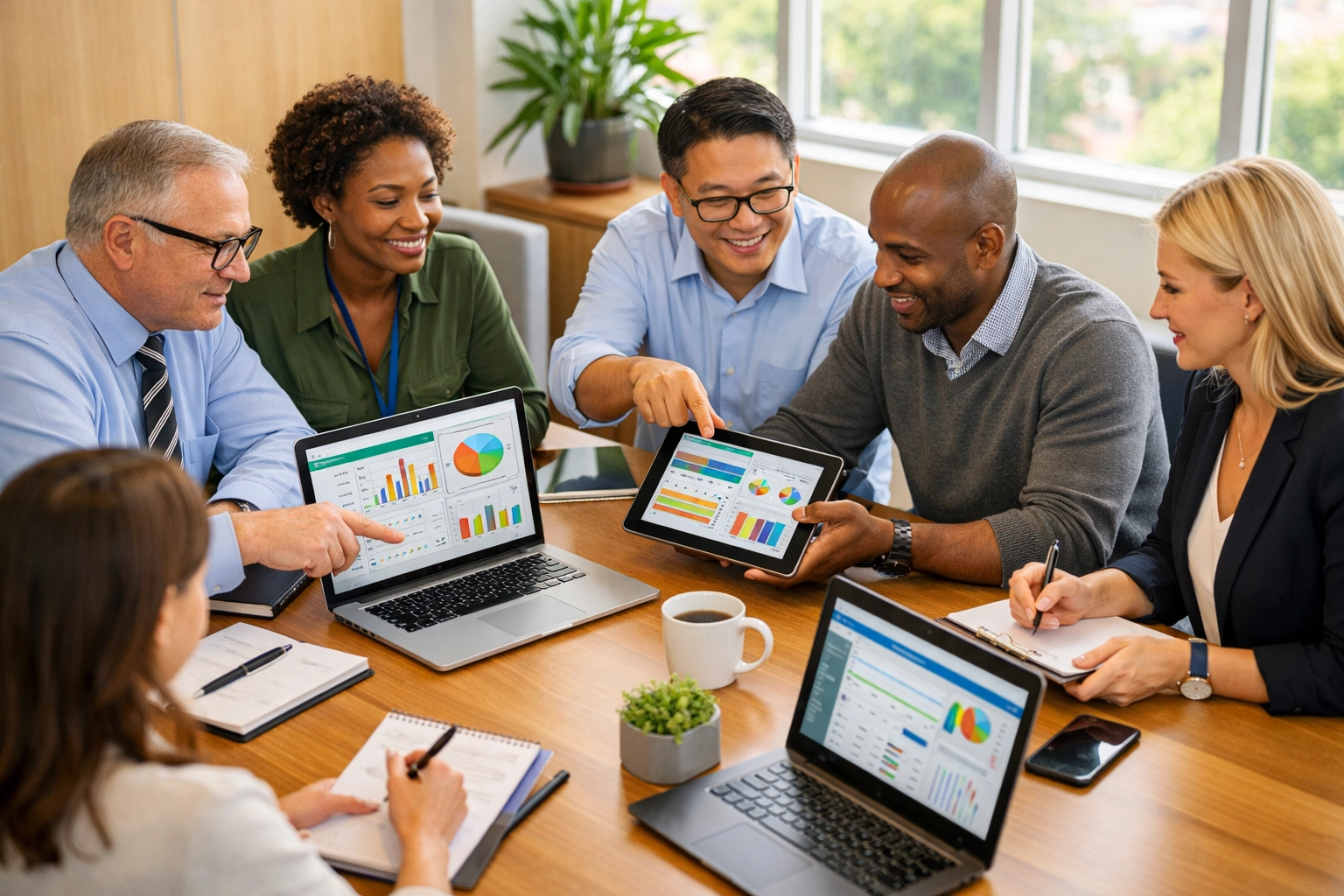 School administrators collaborating on AI tool inventory during policy audit meeting