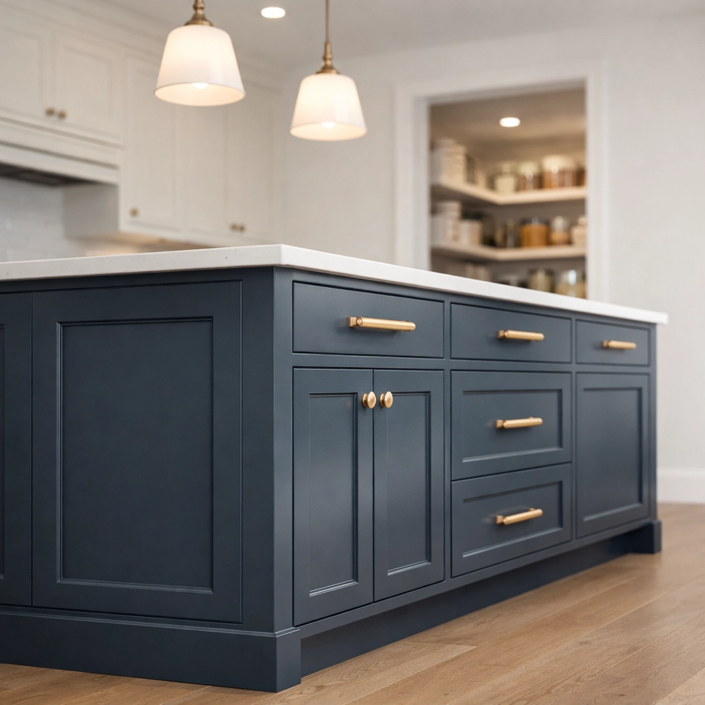 Professional navy blue and white kitchen cabinet painting with a durable satin finish.