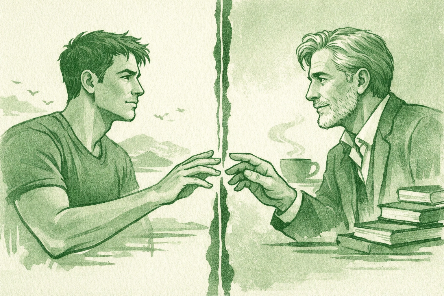 Younger and older man reaching toward each other symbolizing connection in MM relationship