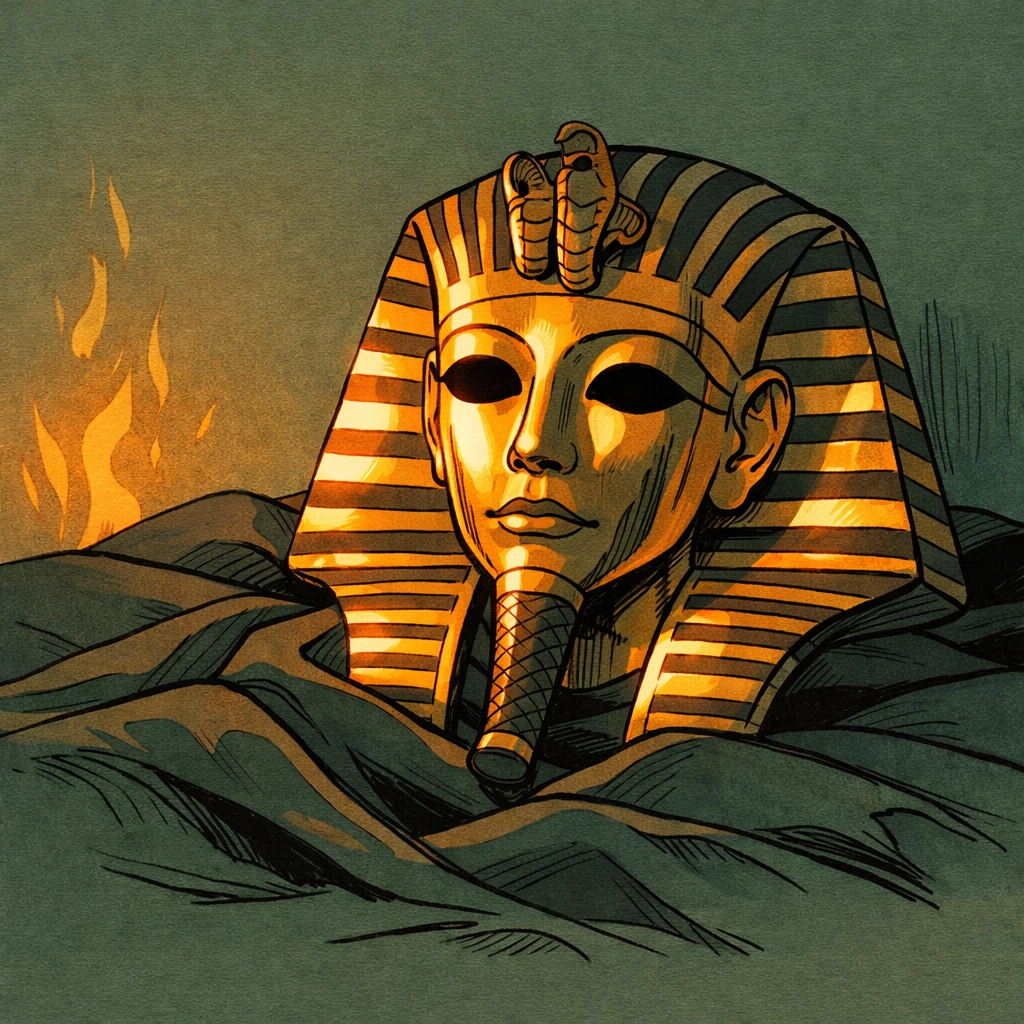 Golden Egyptian ceremonial mask symbolizing hidden emotions of pharaoh's consort in MM romance