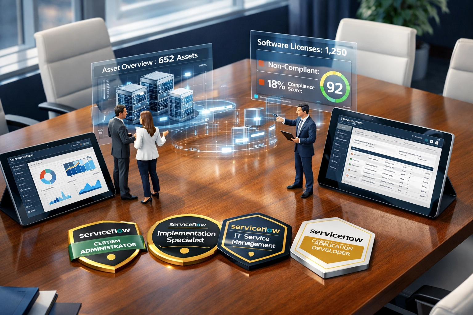 ServiceNow ITAM consultants reviewing certification badges and asset management dashboards