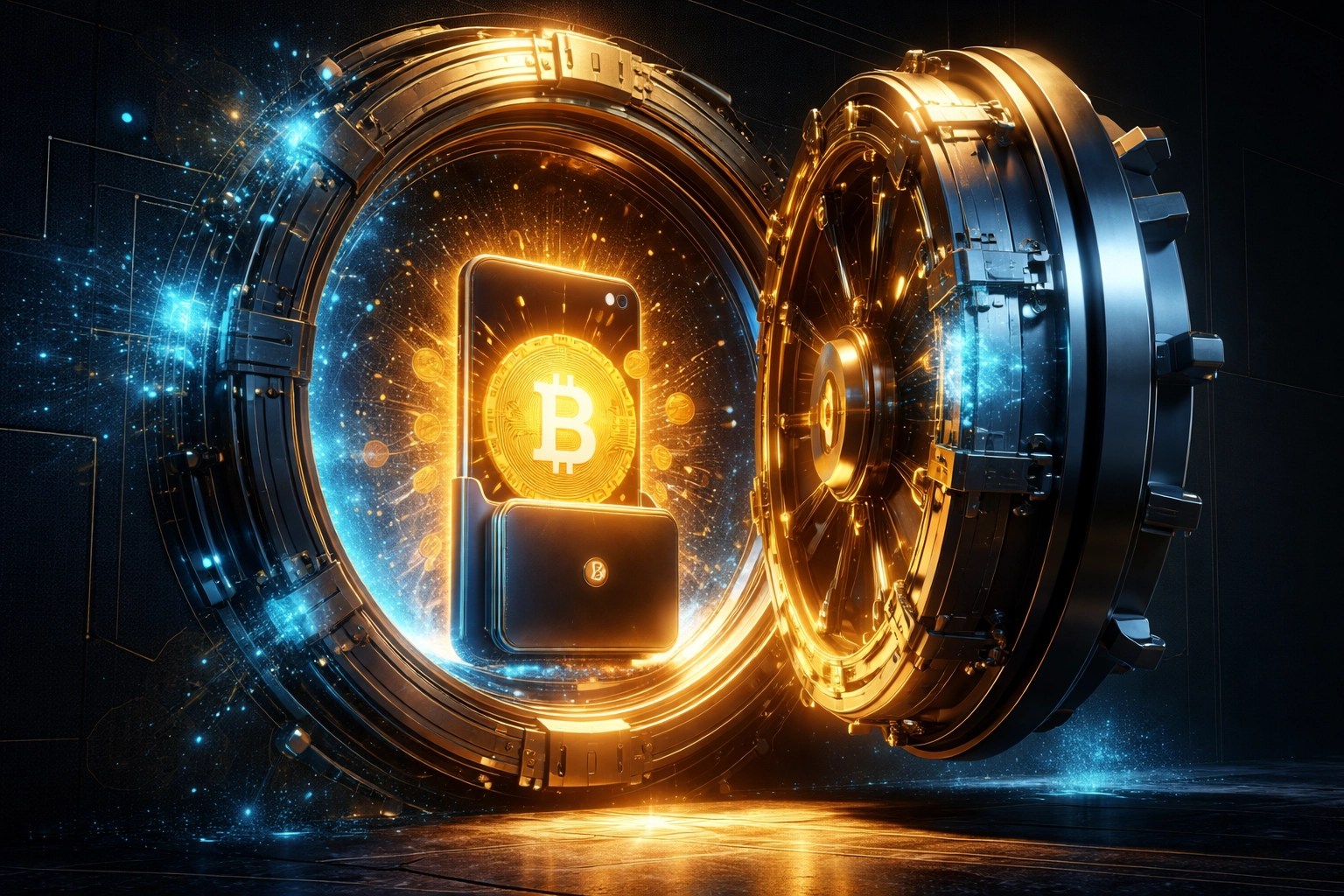 A secure digital vault door opening to reveal a glowing crypto wallet, highlighting Larecoin's self-custody payment model.