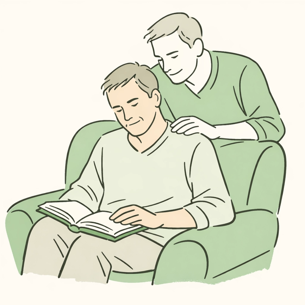 Middle-aged man reading gay literature with a supportive partner, reflecting on his journey.