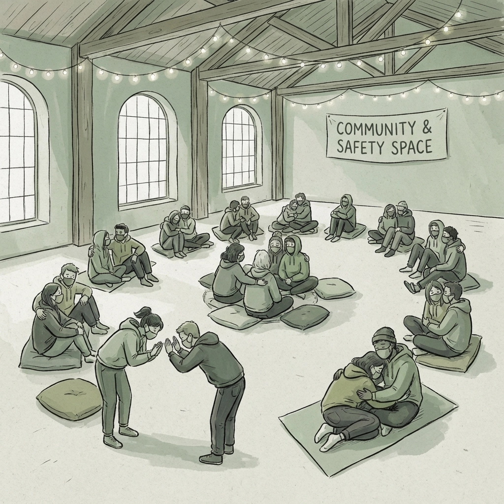 Warehouse mosh space with pup play community members demonstrating safe fetish exploration