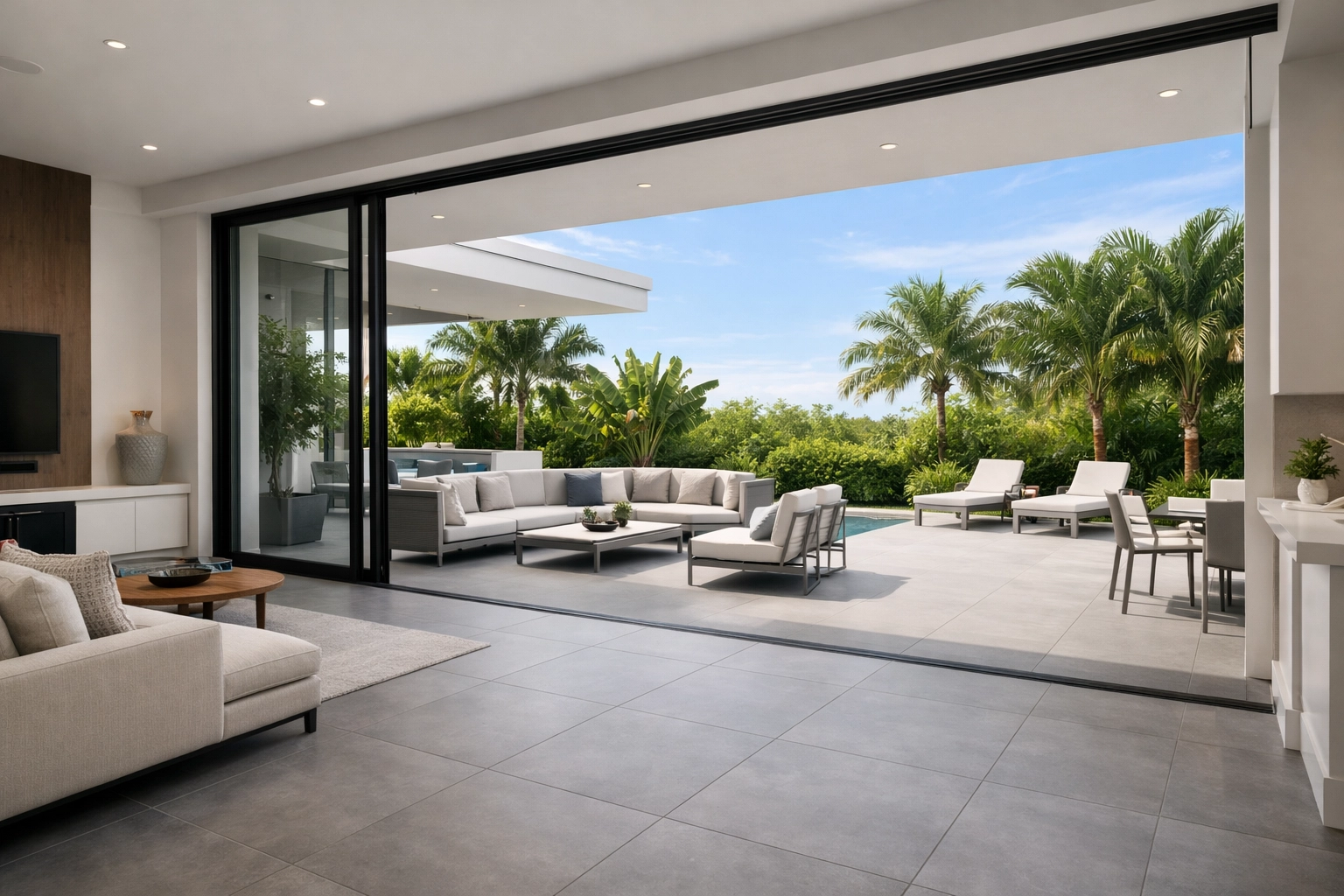 Seamless indoor-outdoor flooring in Florida using large-format grey porcelain tiles for a modern patio.