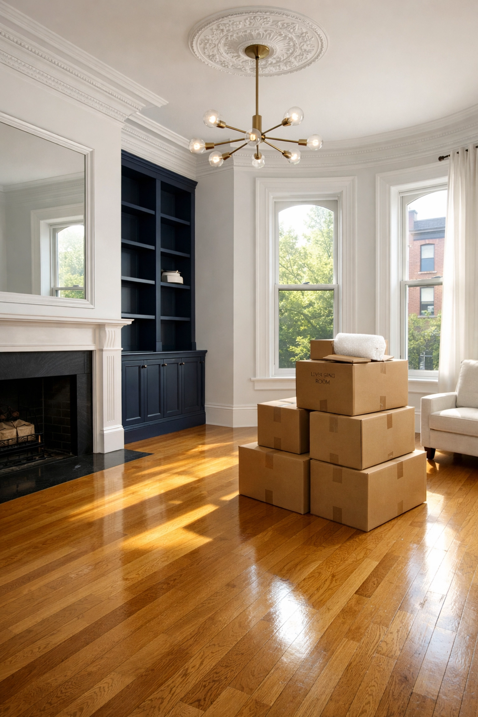 Clean Boston brownstone apartment with moving boxes, showcasing professional move-out cleaning services results.