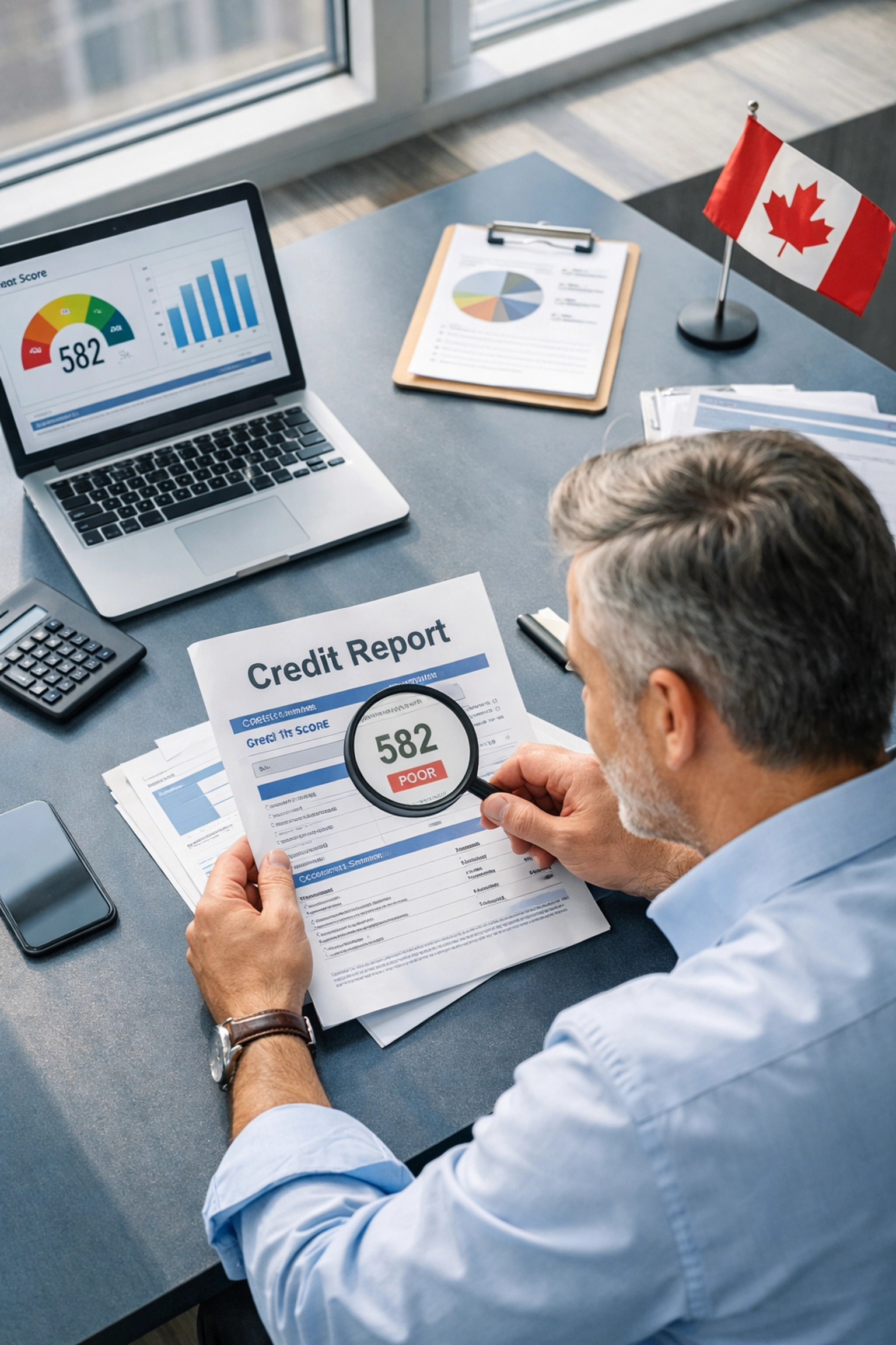 Canadian business owner reviewing credit report before applying for fast business loan approval
