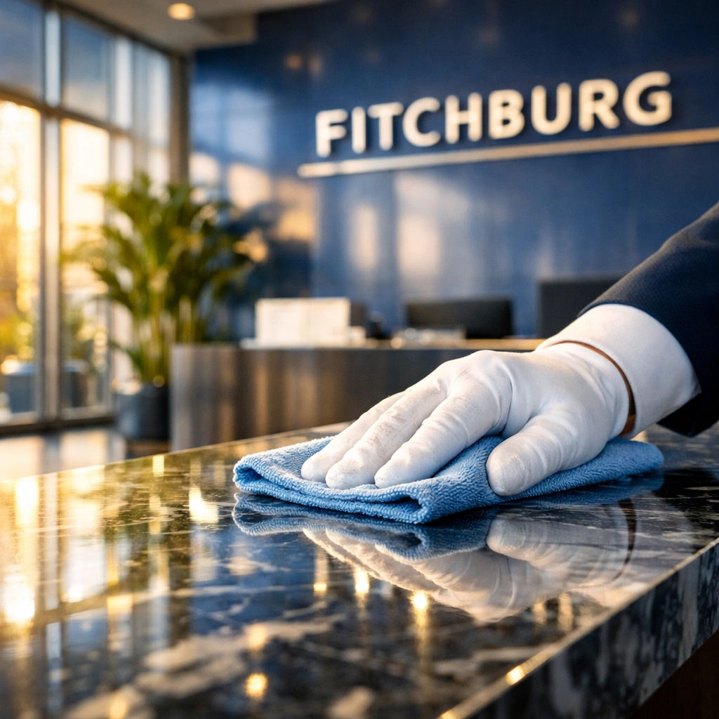 Hand in a white glove sanitizing a modern Fitchburg office lobby marble reception desk.