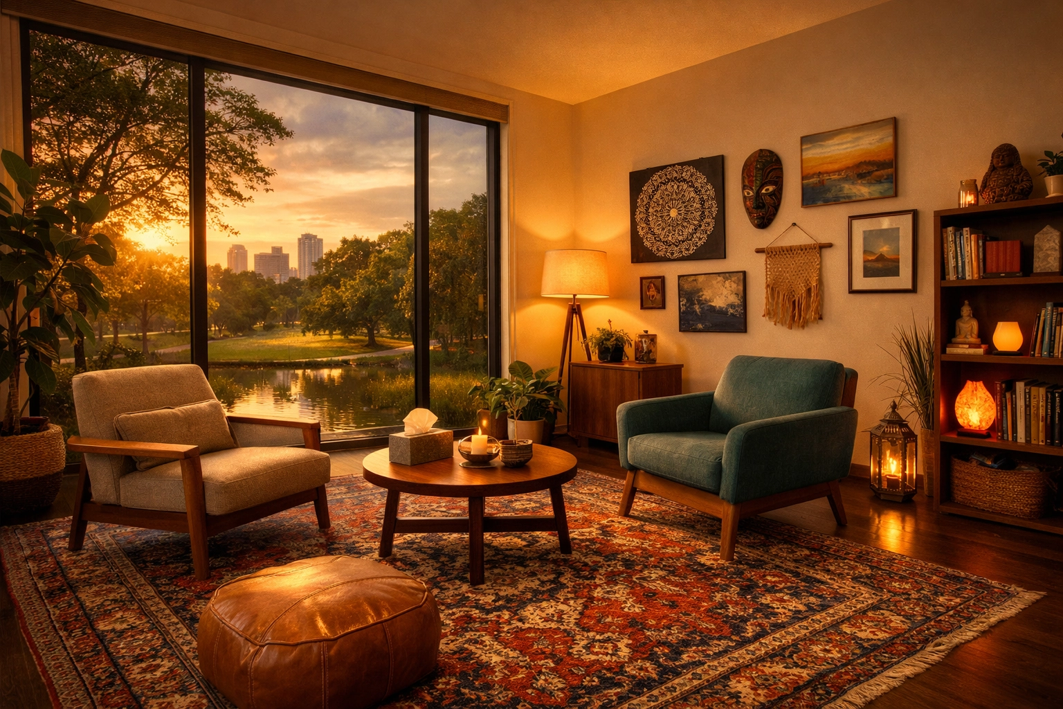 A welcoming and inclusive counseling room providing a safe space for multilingual psychotherapy and healing.