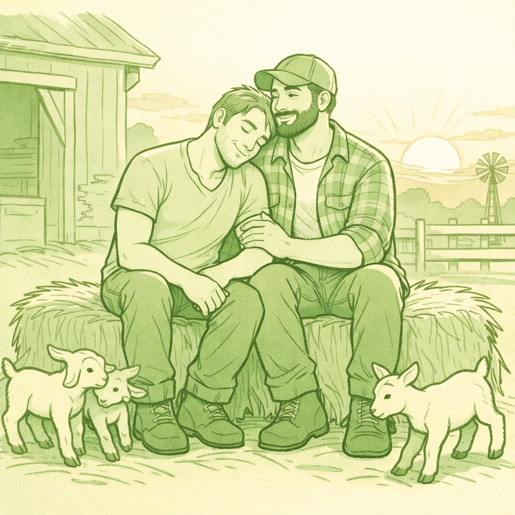 Gay couple sharing intimate moment on hay bales with goats, rural LGBTQ+ belonging and family