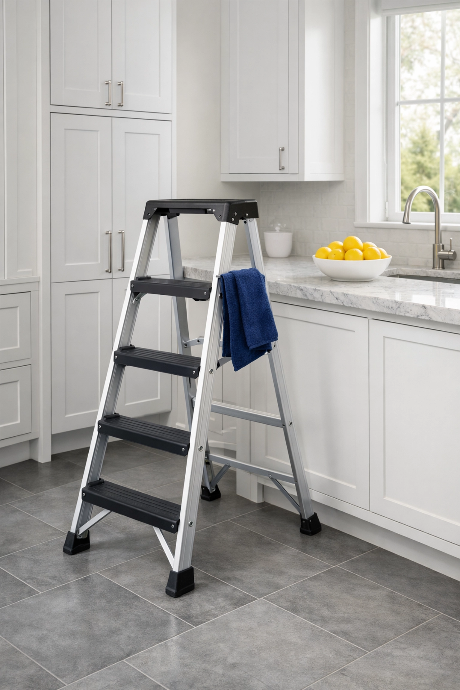 Sturdy step-ladder and microfiber cloth prepared for safe high-reach kitchen cabinet dusting.