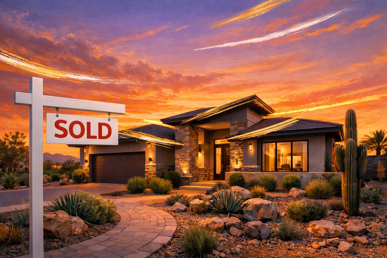 Contemporary West Valley home in Goodyear with a sold sign during a peaceful Arizona sunset.