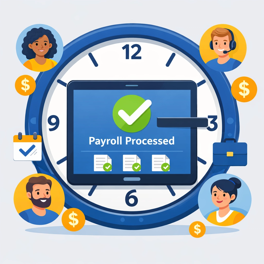 Digital payroll management illustration showing successful tax filing and team compensation.