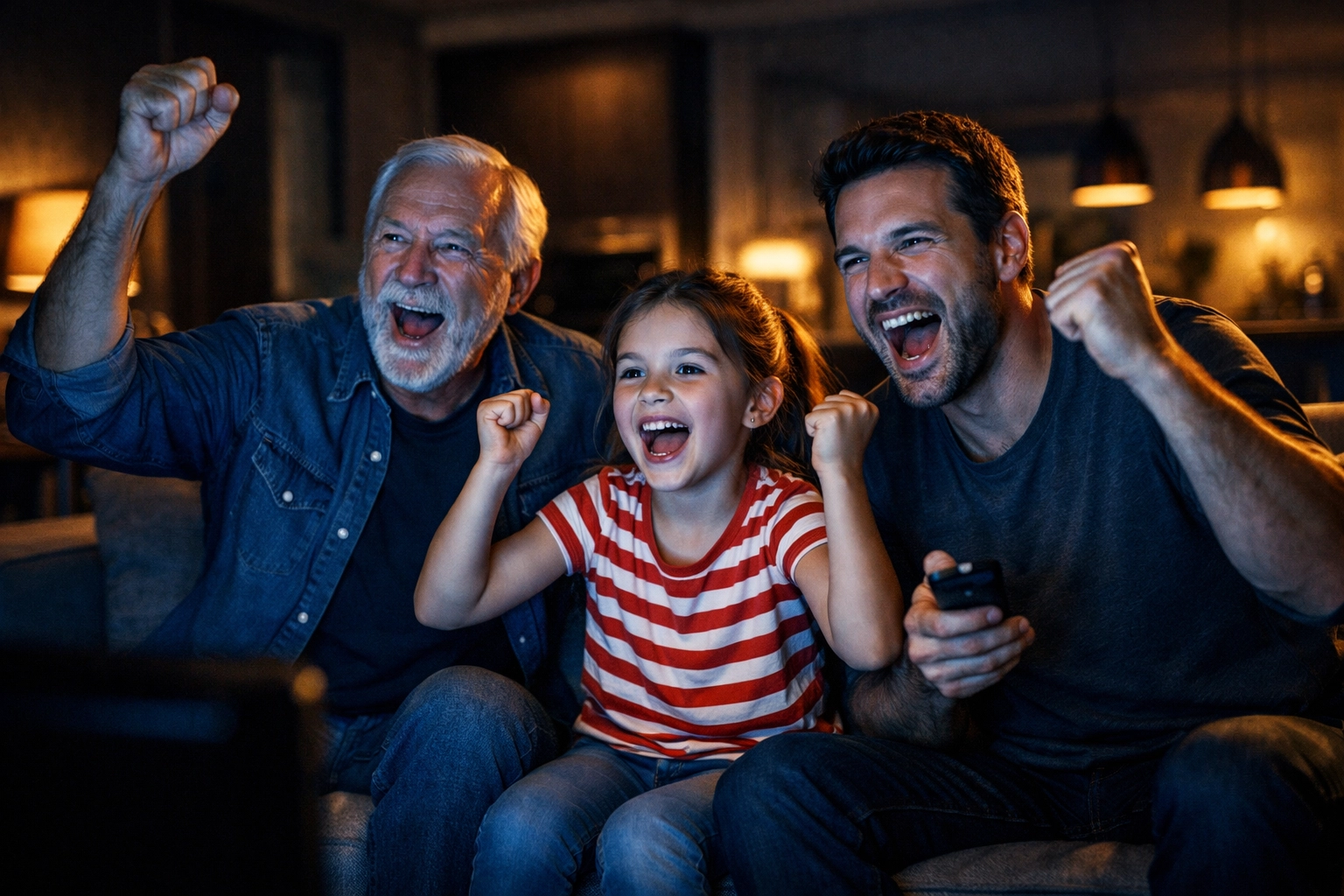 A family cheering together during the Super Bowl, illustrating multi-generational sports marketing engagement.