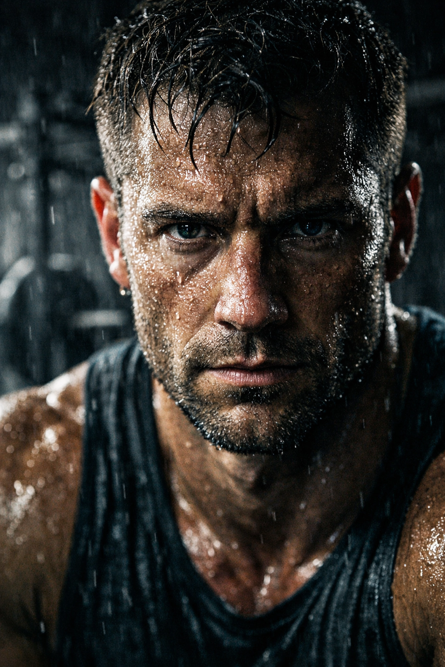 Determined CrossFit athlete resting during a high-intensity resistance training session at home.