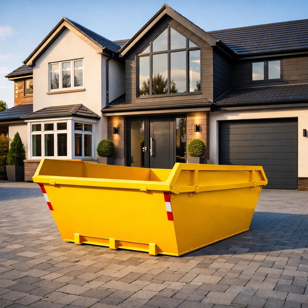 Yellow skip hire placed on a private driveway for a cost-effective domestic renovation.