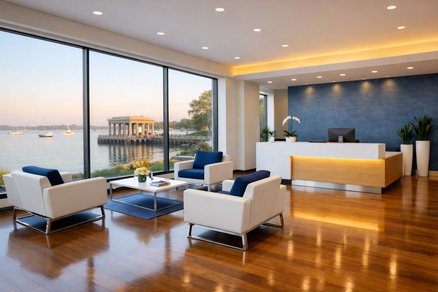 Clean office lobby in Plymouth, MA with polished floors and a view of the waterfront.