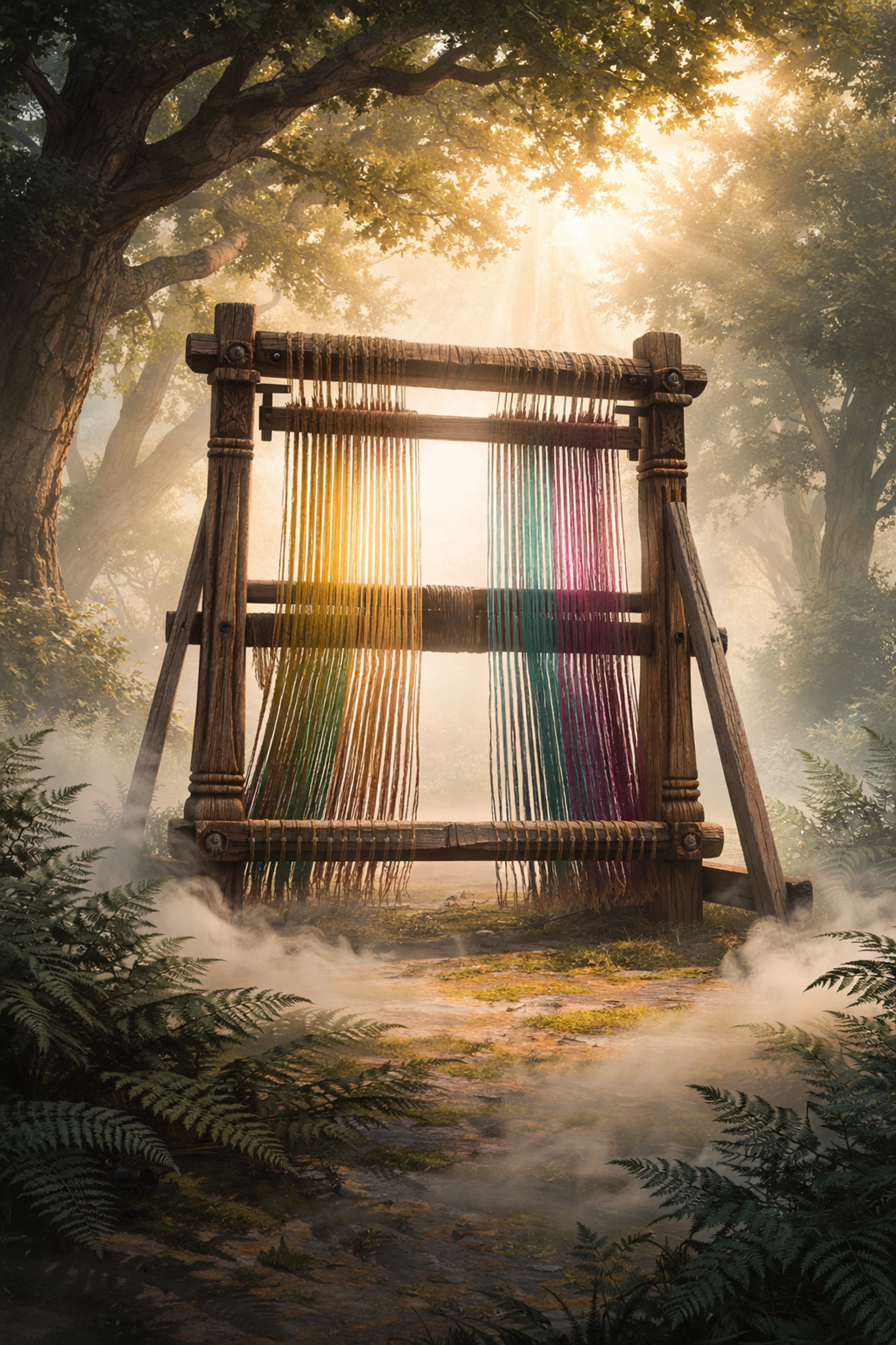The Weaver's ancient loom in a mystical forest clearing with colorful threads and a gap where the song was broken