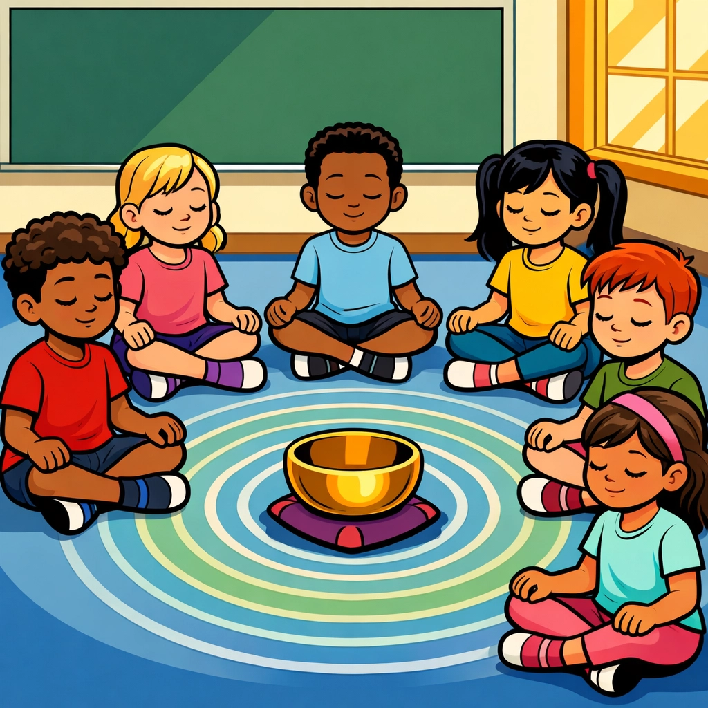 Students sitting in a circle practicing sound-based mindfulness with a singing bowl in an Austin classroom