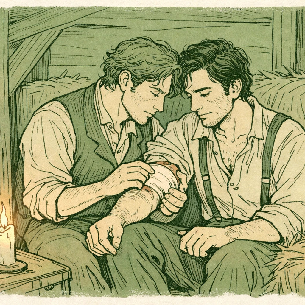 Intimate moment between two men in barn during Underground Railroad journey in historical gay romance