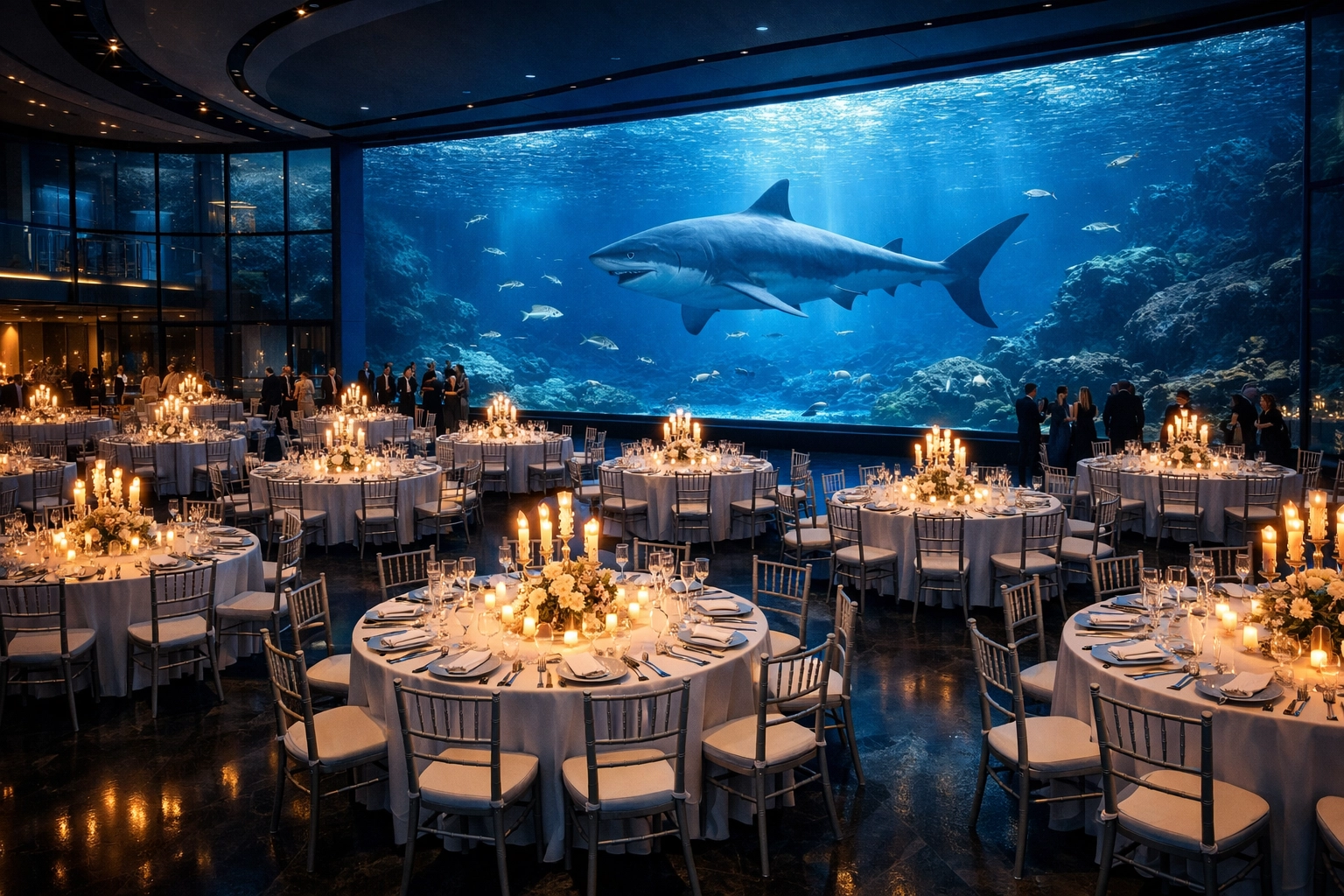 Elegant event venue setup in an aquarium gallery with views of a shark exhibit and professional table arrangements.