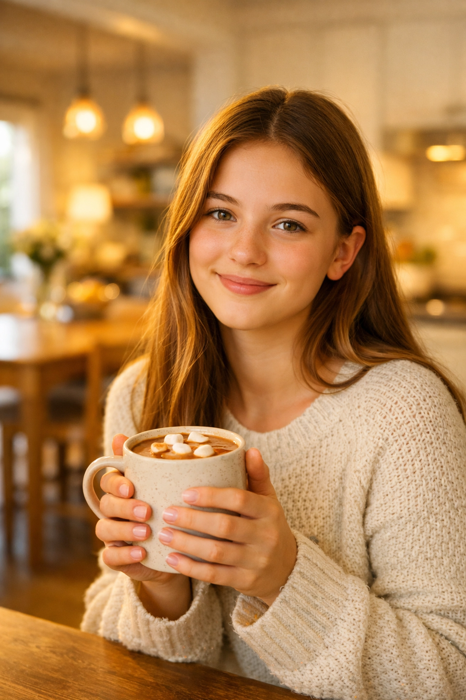 A relaxed teen smiling in a warm kitchen at a youth residential treatment center, building trust and comfort.