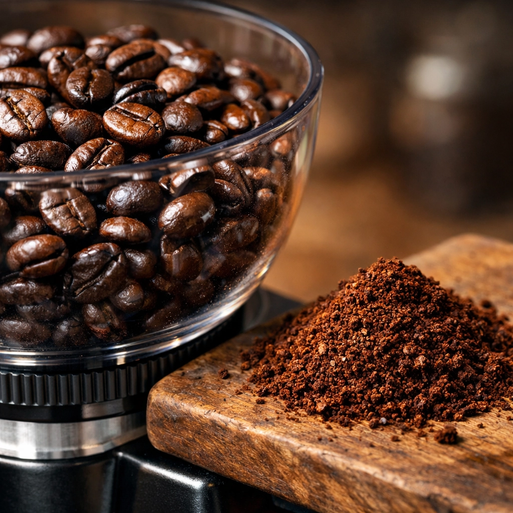 High-quality burr grinder hopper filled with fresh roasted specialty coffee beans.