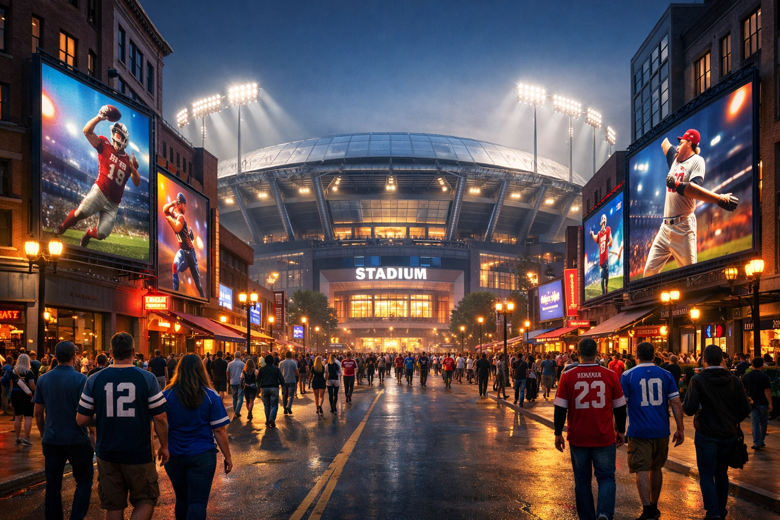 Large digital out-of-home screens integrated into city buildings near a major sports stadium.